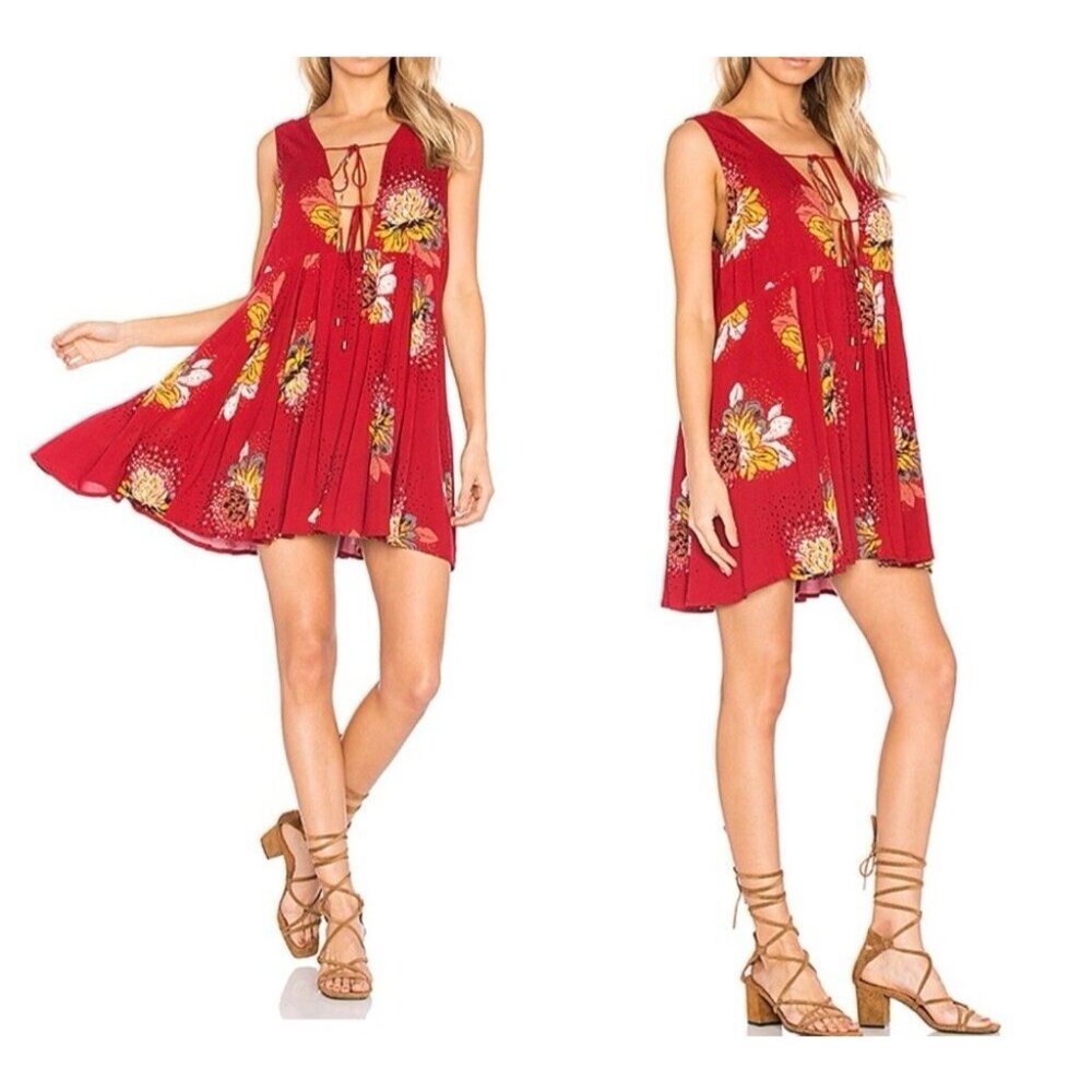 Free People Women Mini Dress  Tunic Small LOVELY DAY  Red Floral Boho Tie Up - Picture 2 of 10